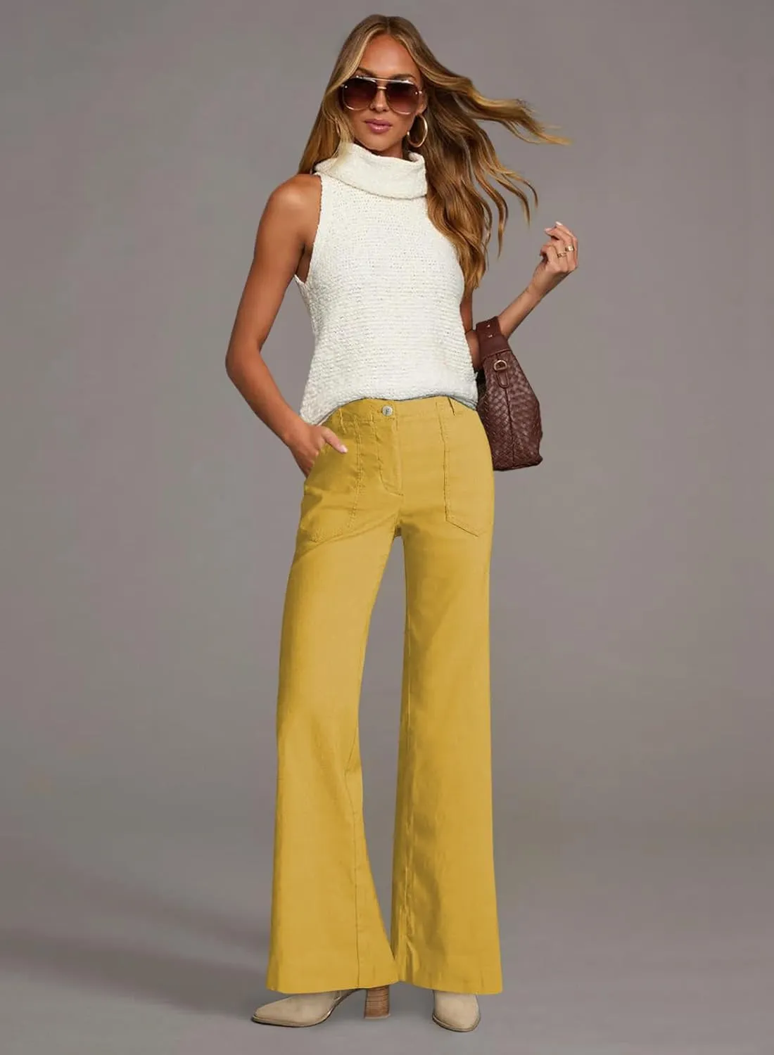 miduo Womens Solid Stretchy Buttons Wide Leg Straight Leg Long Flare Pants Trousers with Pockets