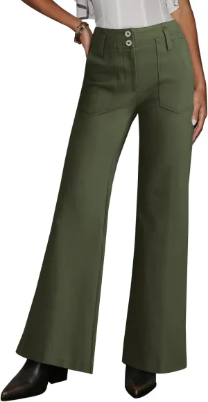 miduo Womens Solid Stretchy Buttons Wide Leg Straight Leg Long Flare Pants Trousers with Pockets
