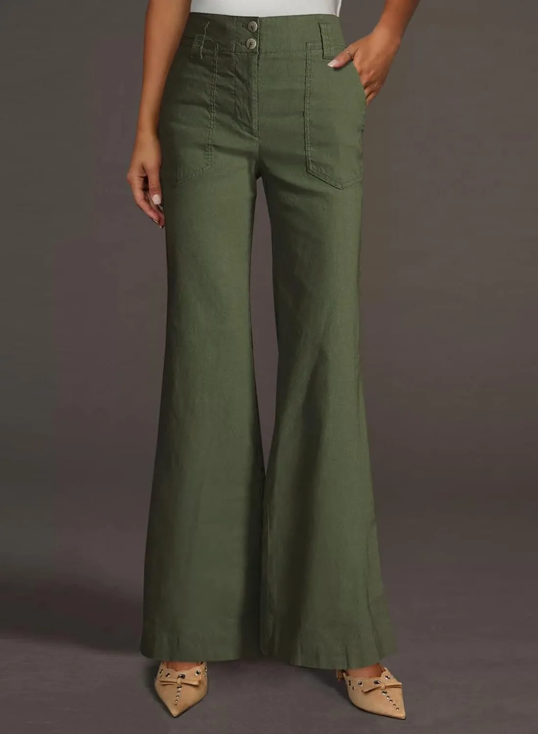 miduo Womens Solid Stretchy Buttons Wide Leg Straight Leg Long Flare Pants Trousers with Pockets