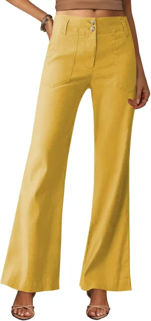 miduo Womens Solid Stretchy Buttons Wide Leg Straight Leg Long Flare Pants Trousers with Pockets