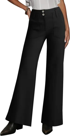 miduo Womens Solid Stretchy Buttons Wide Leg Straight Leg Long Flare Pants Trousers with Pockets