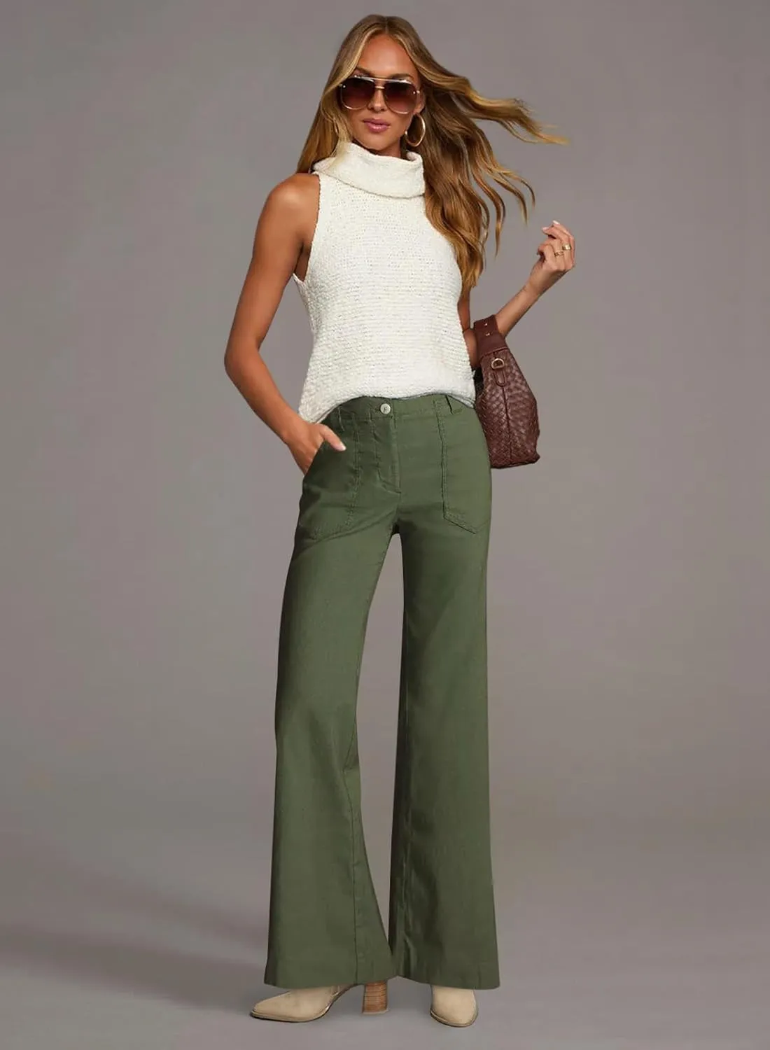 miduo Womens Solid Stretchy Buttons Wide Leg Straight Leg Long Flare Pants Trousers with Pockets
