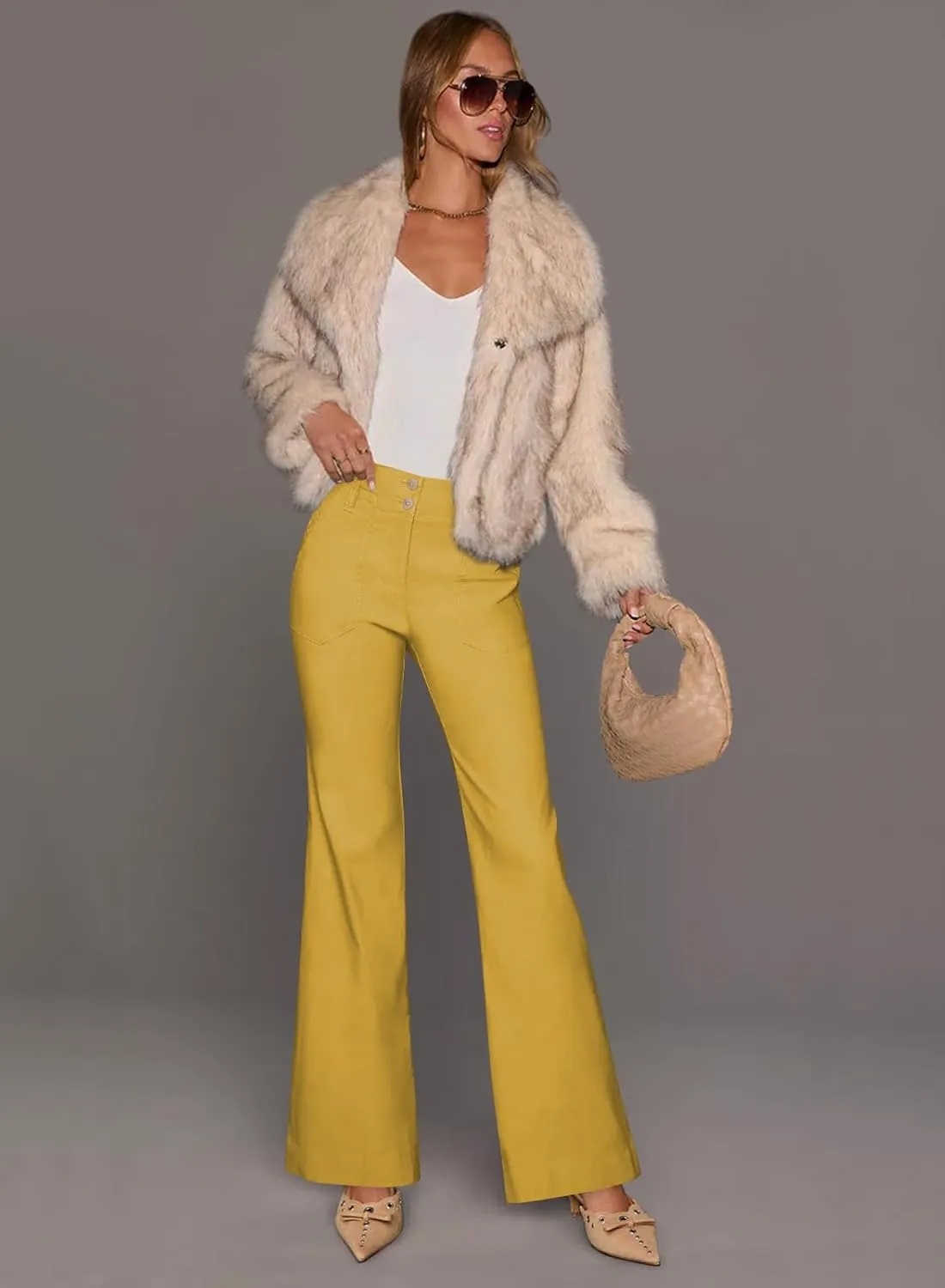 miduo Womens Solid Stretchy Buttons Wide Leg Straight Leg Long Flare Pants Trousers with Pockets