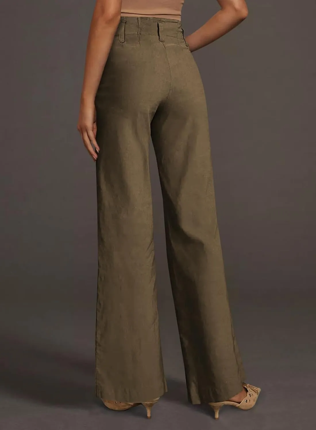 miduo Womens Solid Stretchy Buttons Wide Leg Straight Leg Long Flare Pants Trousers with Pockets