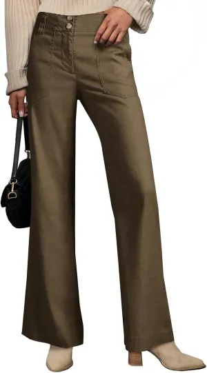 miduo Womens Solid Stretchy Buttons Wide Leg Straight Leg Long Flare Pants Trousers with Pockets