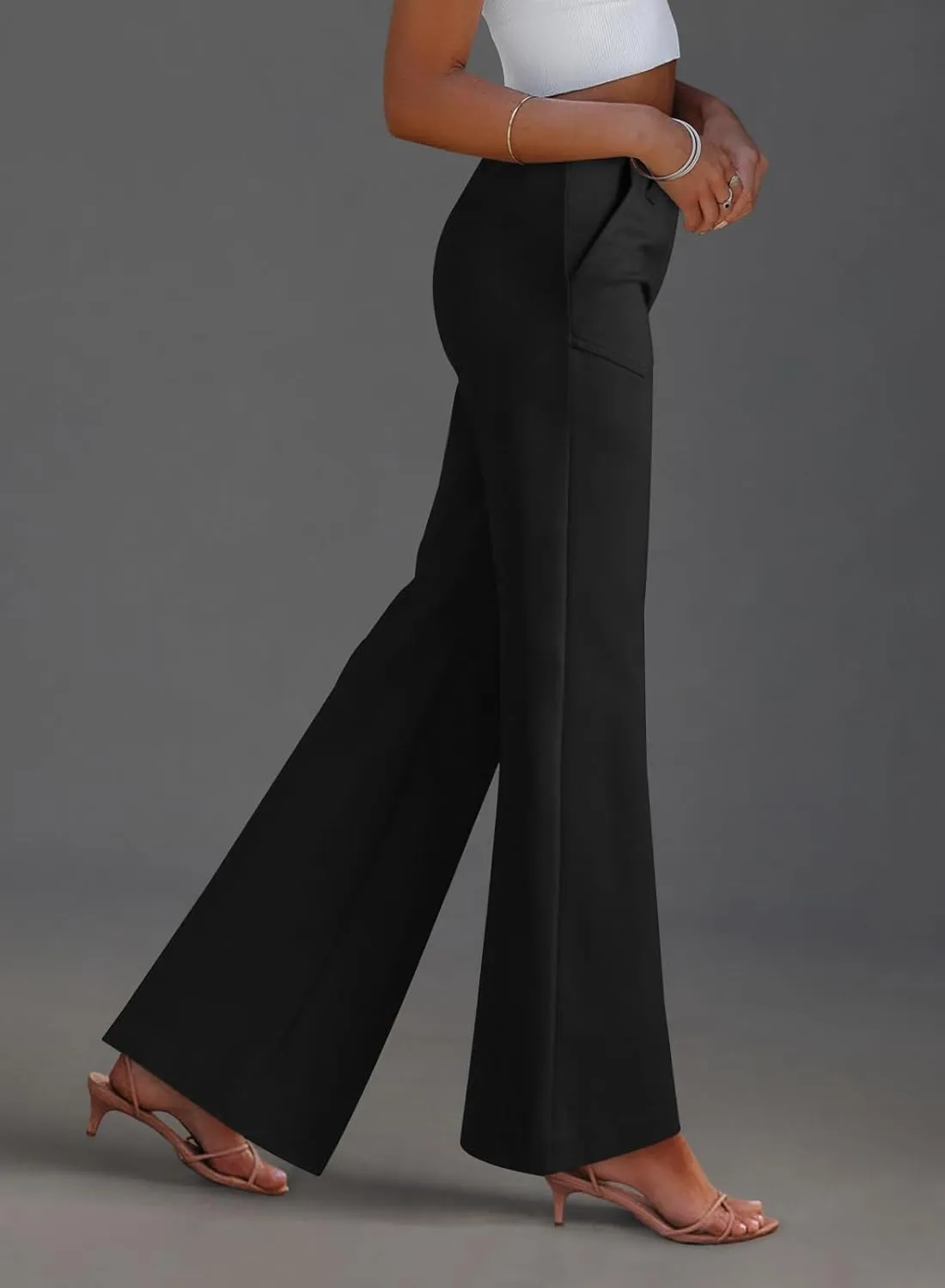 miduo Womens Solid Stretchy Buttons Wide Leg Straight Leg Long Flare Pants Trousers with Pockets