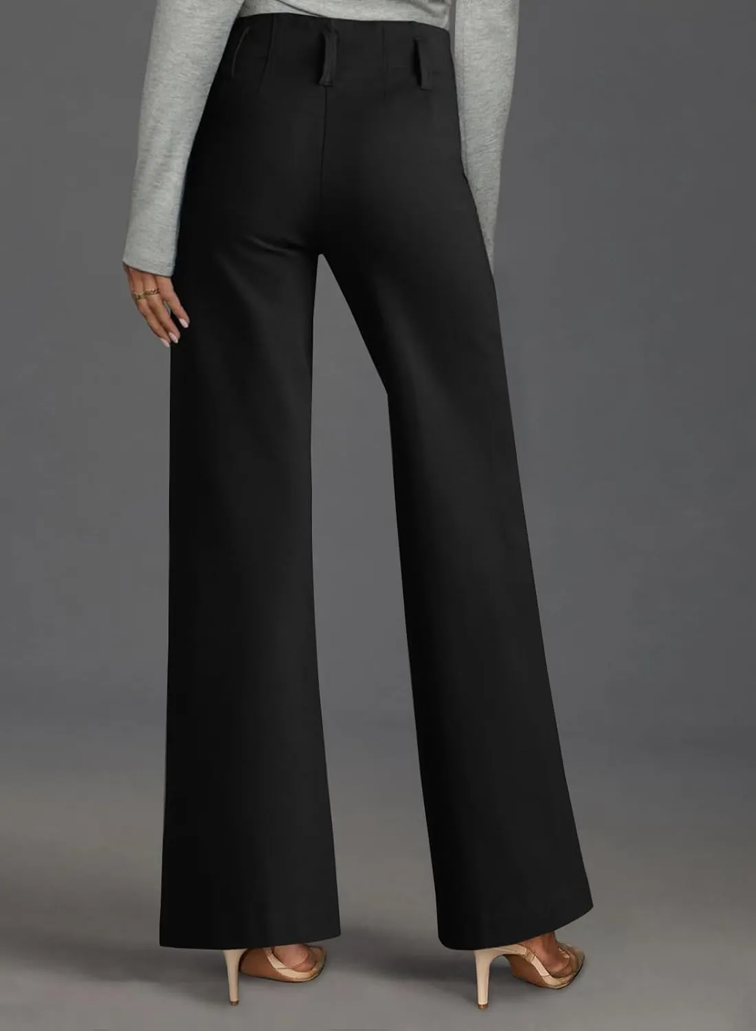 miduo Womens Solid Stretchy Buttons Wide Leg Straight Leg Long Flare Pants Trousers with Pockets