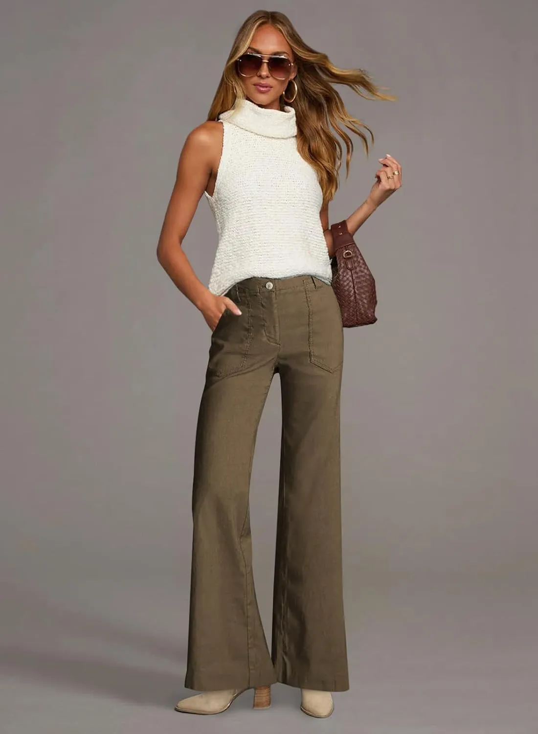 miduo Womens Solid Stretchy Buttons Wide Leg Straight Leg Long Flare Pants Trousers with Pockets