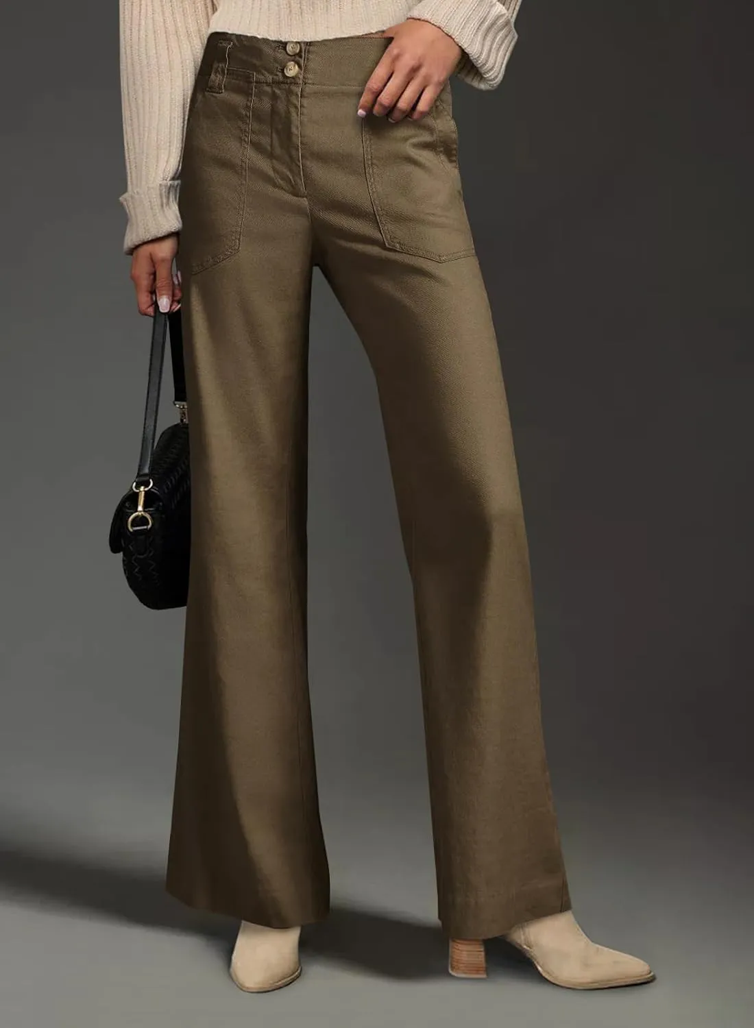 miduo Womens Solid Stretchy Buttons Wide Leg Straight Leg Long Flare Pants Trousers with Pockets