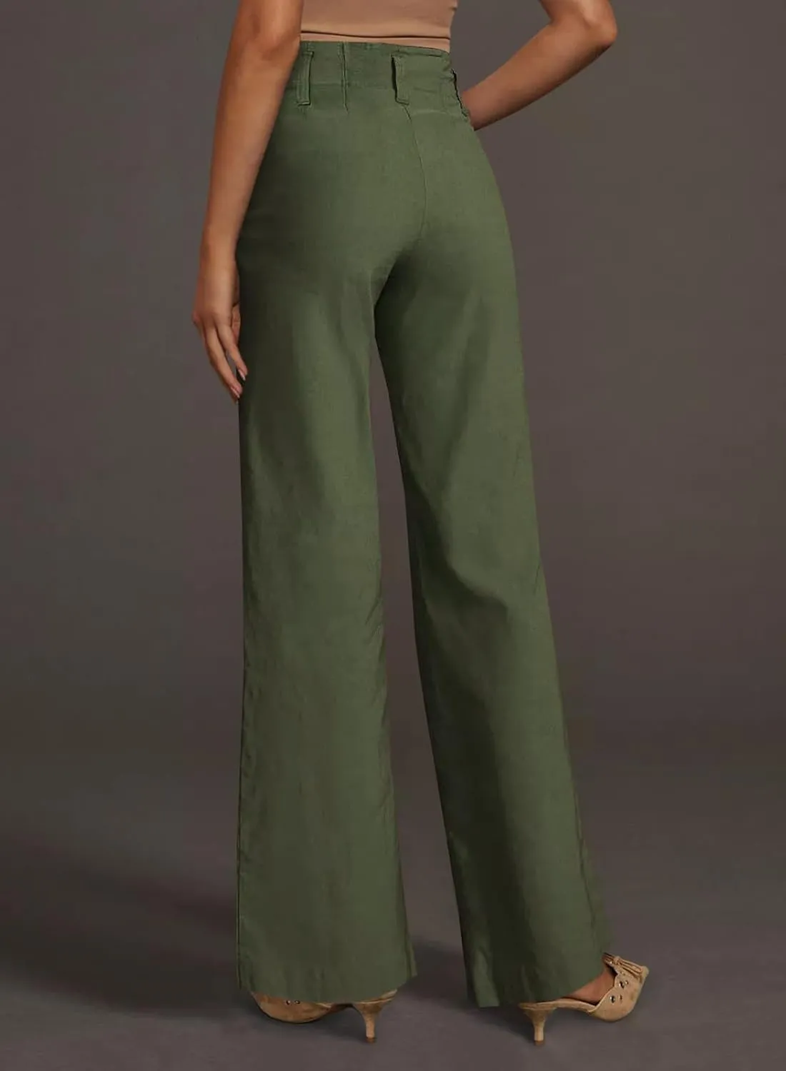 miduo Womens Solid Stretchy Buttons Wide Leg Straight Leg Long Flare Pants Trousers with Pockets