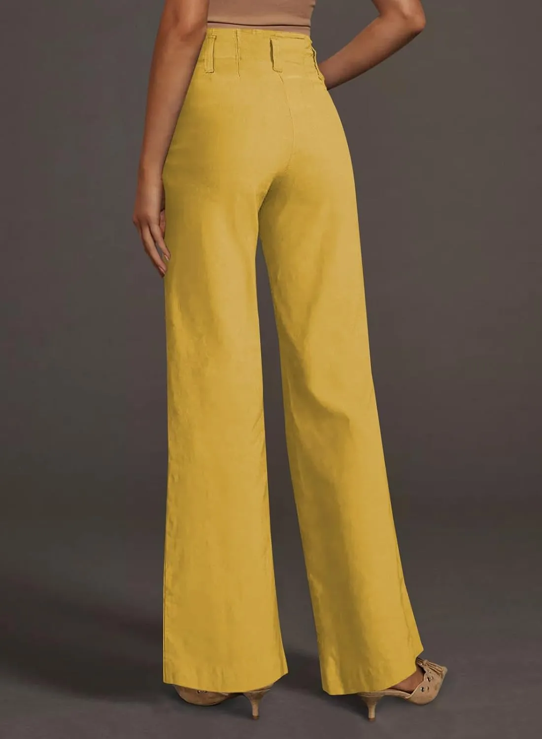 miduo Womens Solid Stretchy Buttons Wide Leg Straight Leg Long Flare Pants Trousers with Pockets