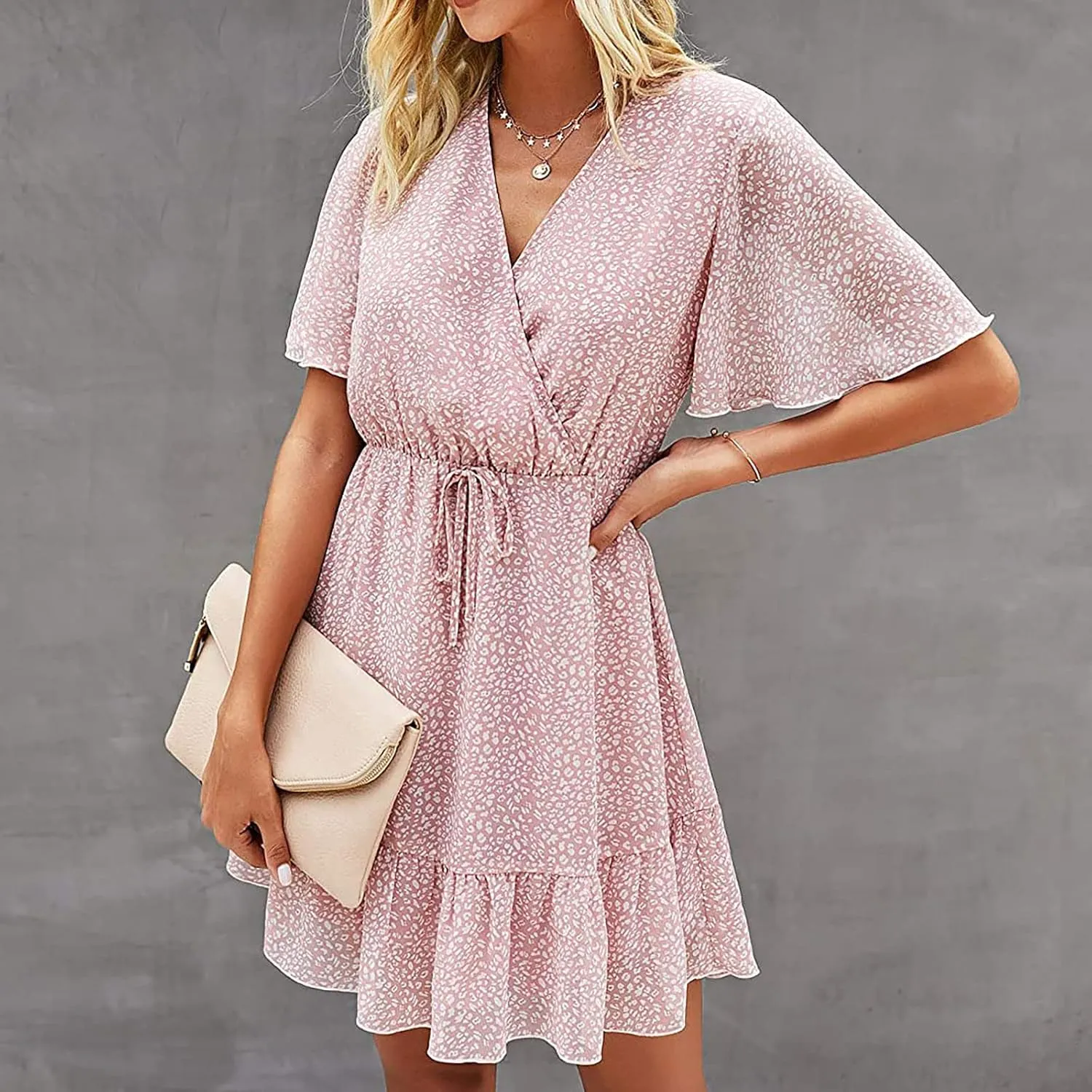 MINGXIN Women's Casual Mini Dress Ruffle Floral Print Relaxed Fit Swing Dress Short Sleeve V Neck Belt Beach Party Dress