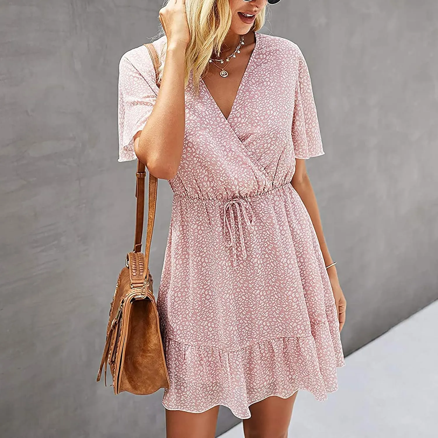 MINGXIN Women's Casual Mini Dress Ruffle Floral Print Relaxed Fit Swing Dress Short Sleeve V Neck Belt Beach Party Dress
