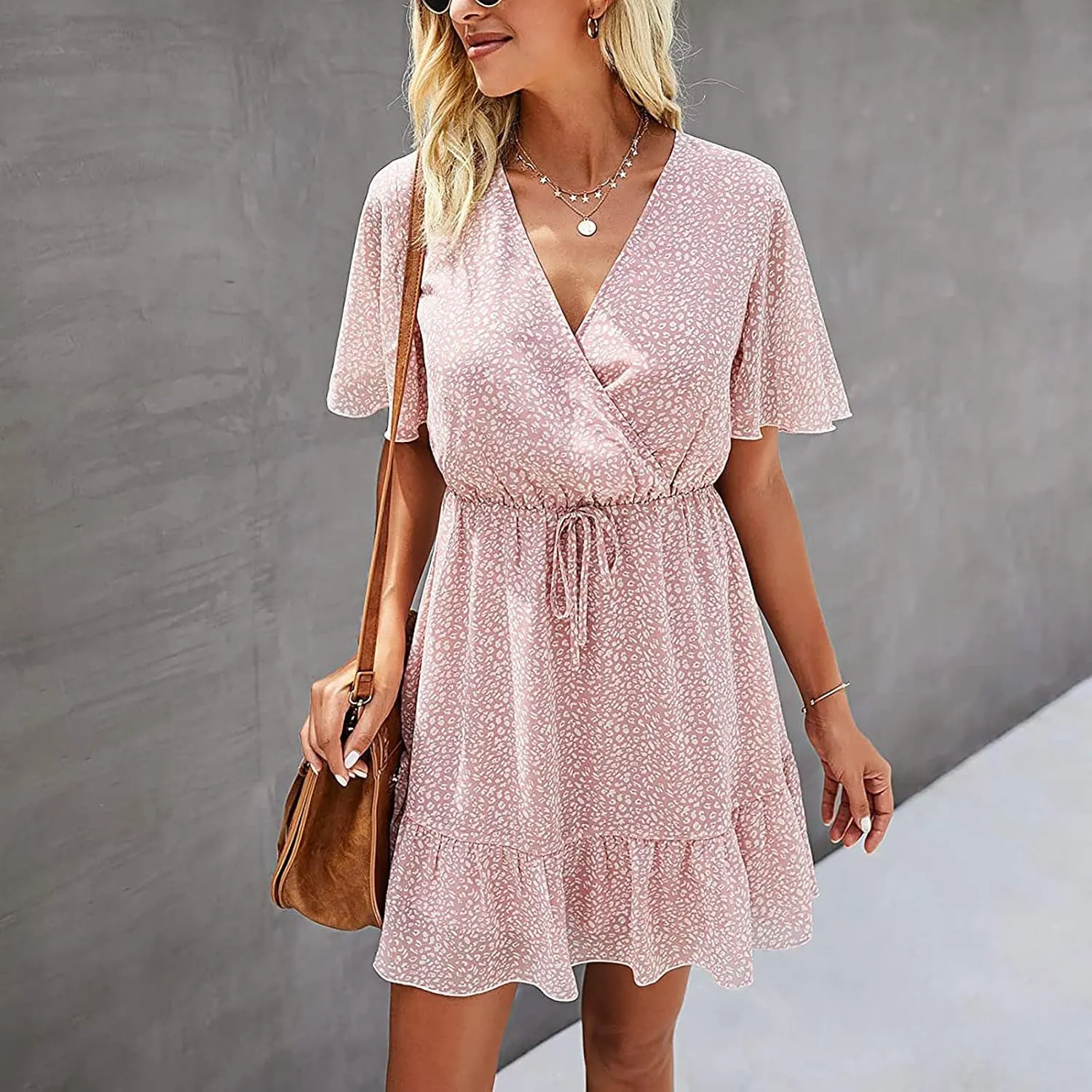 MINGXIN Women's Casual Mini Dress Ruffle Floral Print Relaxed Fit Swing Dress Short Sleeve V Neck Belt Beach Party Dress