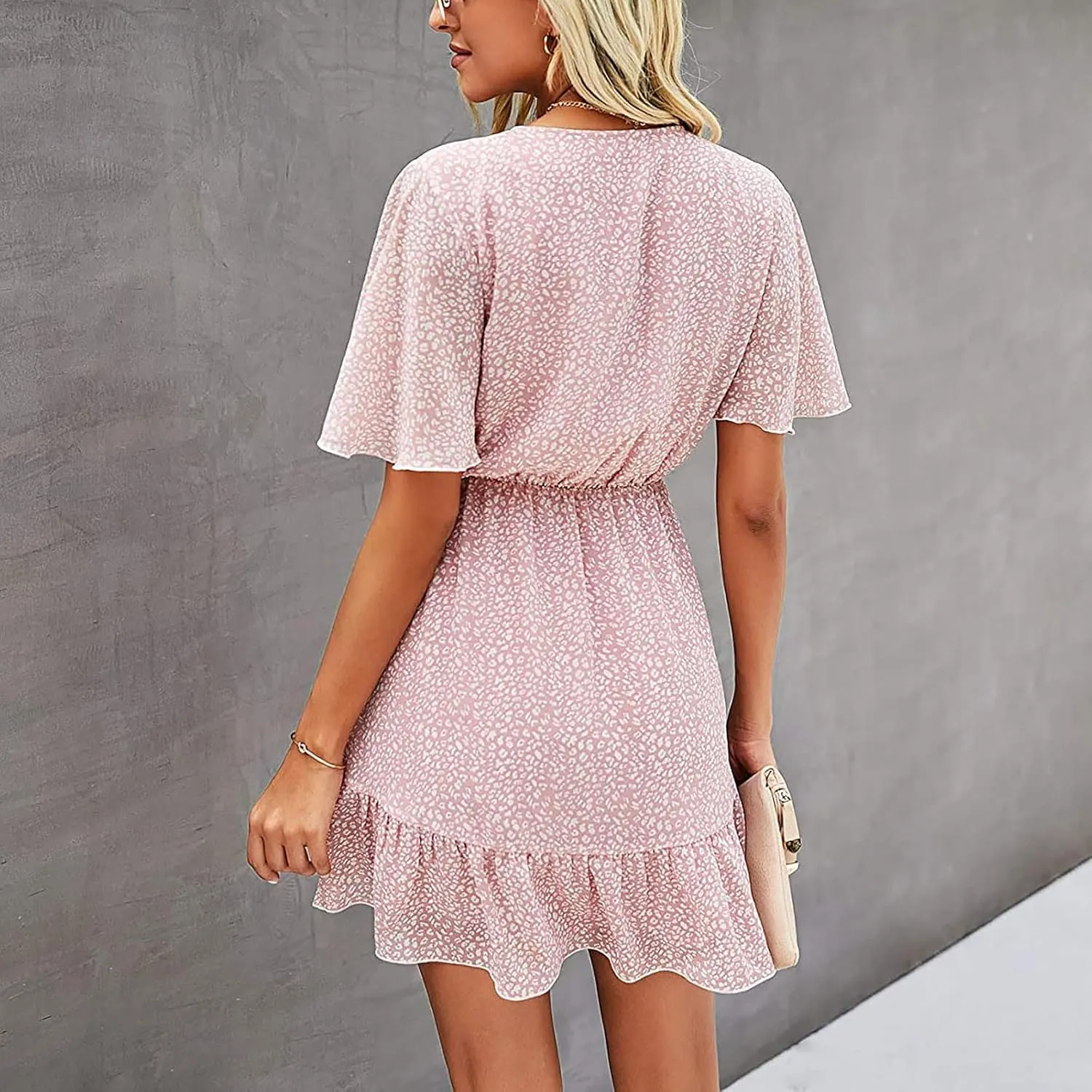 MINGXIN Women's Casual Mini Dress Ruffle Floral Print Relaxed Fit Swing Dress Short Sleeve V Neck Belt Beach Party Dress