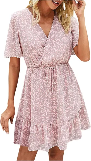 MINGXIN Women's Casual Mini Dress Ruffle Floral Print Relaxed Fit Swing Dress Short Sleeve V Neck Belt Beach Party Dress