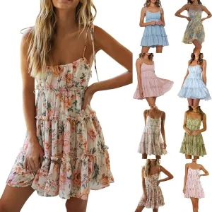 Mini Dresses for Women 2025 Casual Summer Flowy Cami Ditsy Floral Dress Chiffon Tiered Ruffle Beach Sundress
