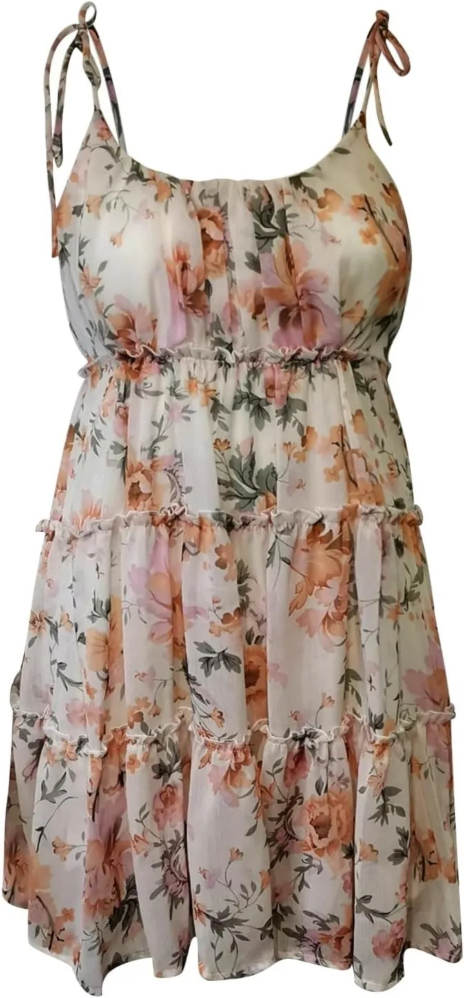 Mini Dresses for Women 2025 Casual Summer Flowy Cami Ditsy Floral Dress Chiffon Tiered Ruffle Beach Sundress