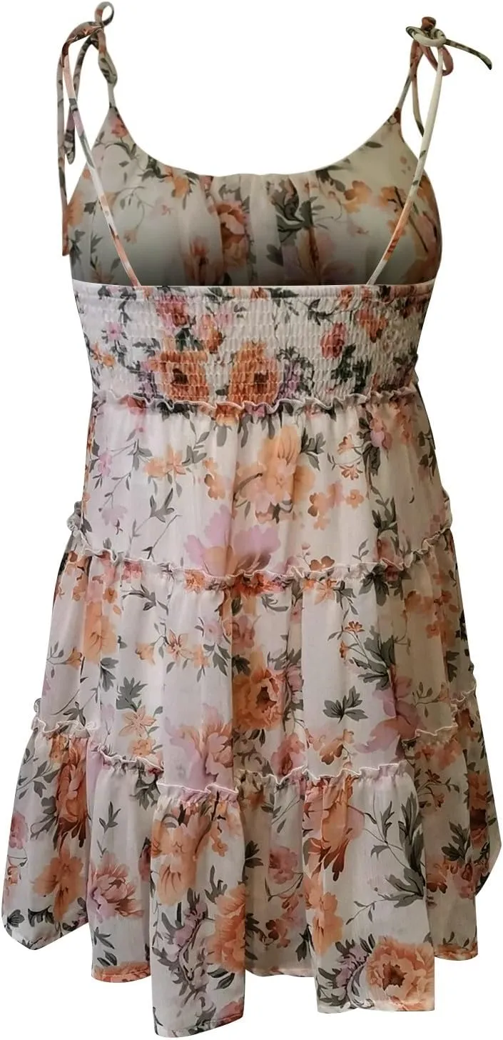 Mini Dresses for Women 2025 Casual Summer Flowy Cami Ditsy Floral Dress Chiffon Tiered Ruffle Beach Sundress