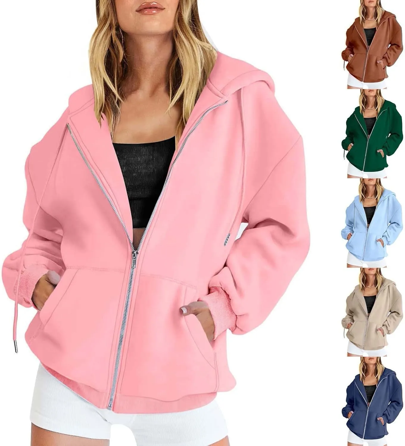 Miyaomn Trendy Zip Up Hoodies for Women Long Sleeve Oversized Sweatshirts Y2K Fall Outfits Casual Fashion Jacket with Pockets