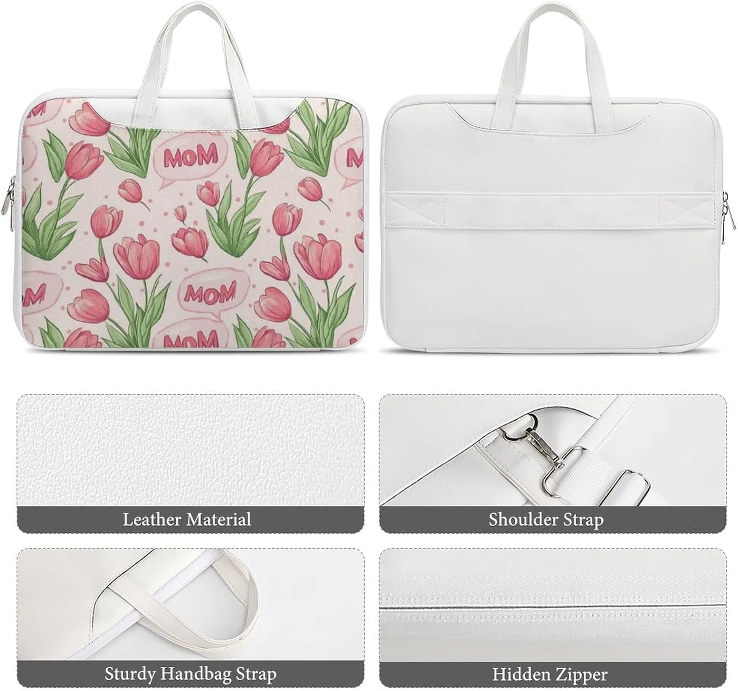 Mom Mother Mama Tulip Flower Leather Bag Laptop Case Slim Water Resistant Computer Bags with Handle Briefcase for Work