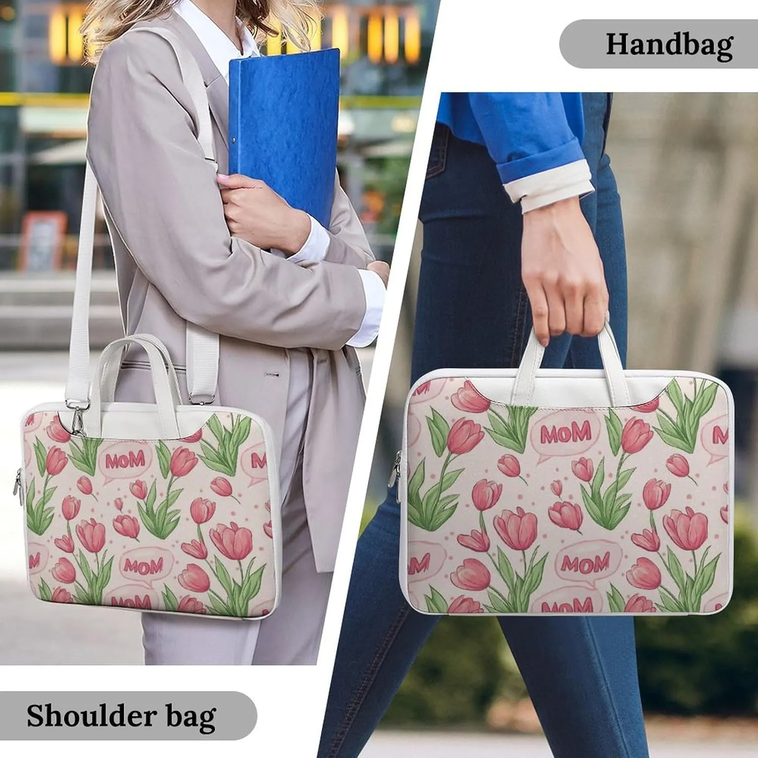 Mom Mother Mama Tulip Flower Leather Bag Laptop Case Slim Water Resistant Computer Bags with Handle Briefcase for Work
