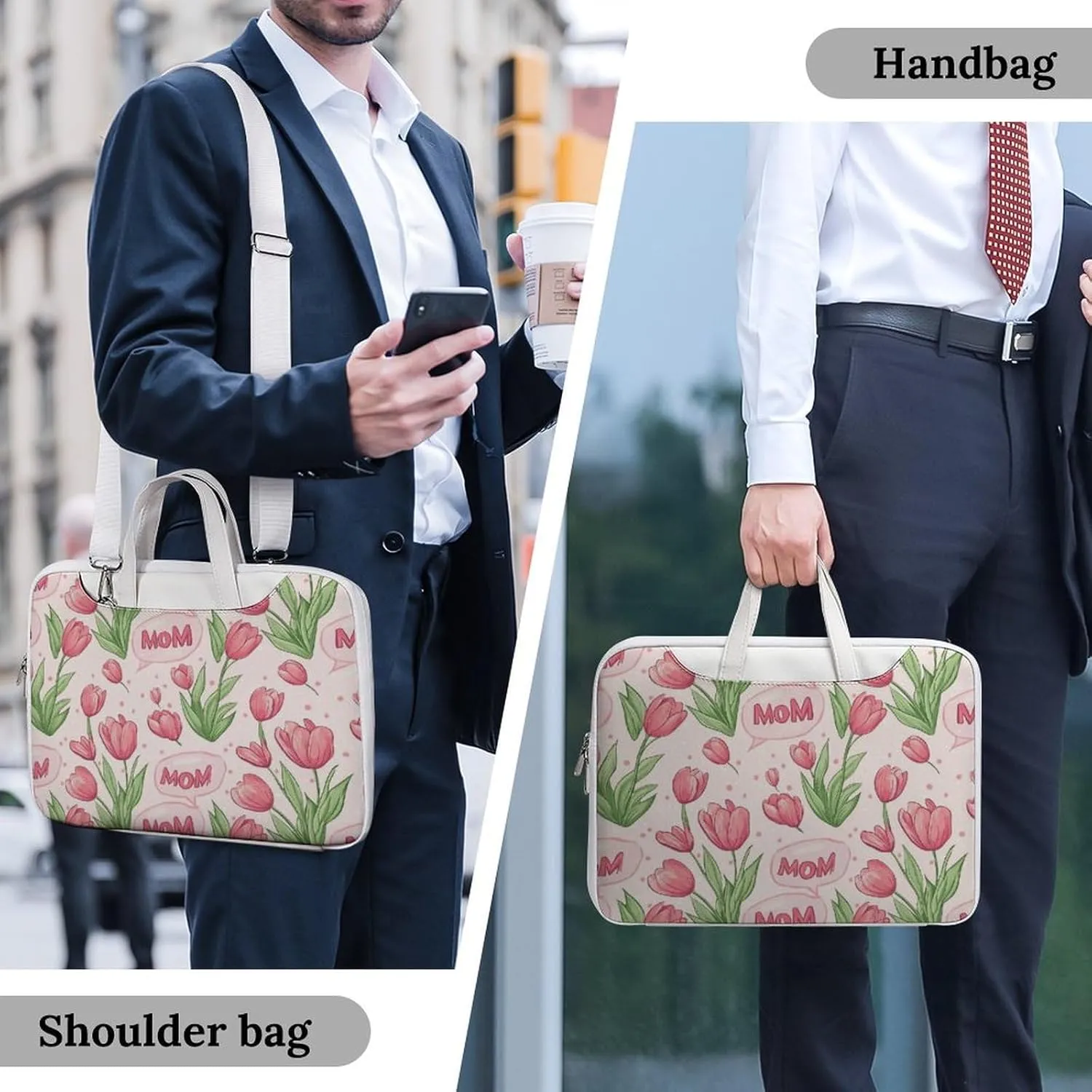 Mom Mother Mama Tulip Flower Leather Bag Laptop Case Slim Water Resistant Computer Bags with Handle Briefcase for Work