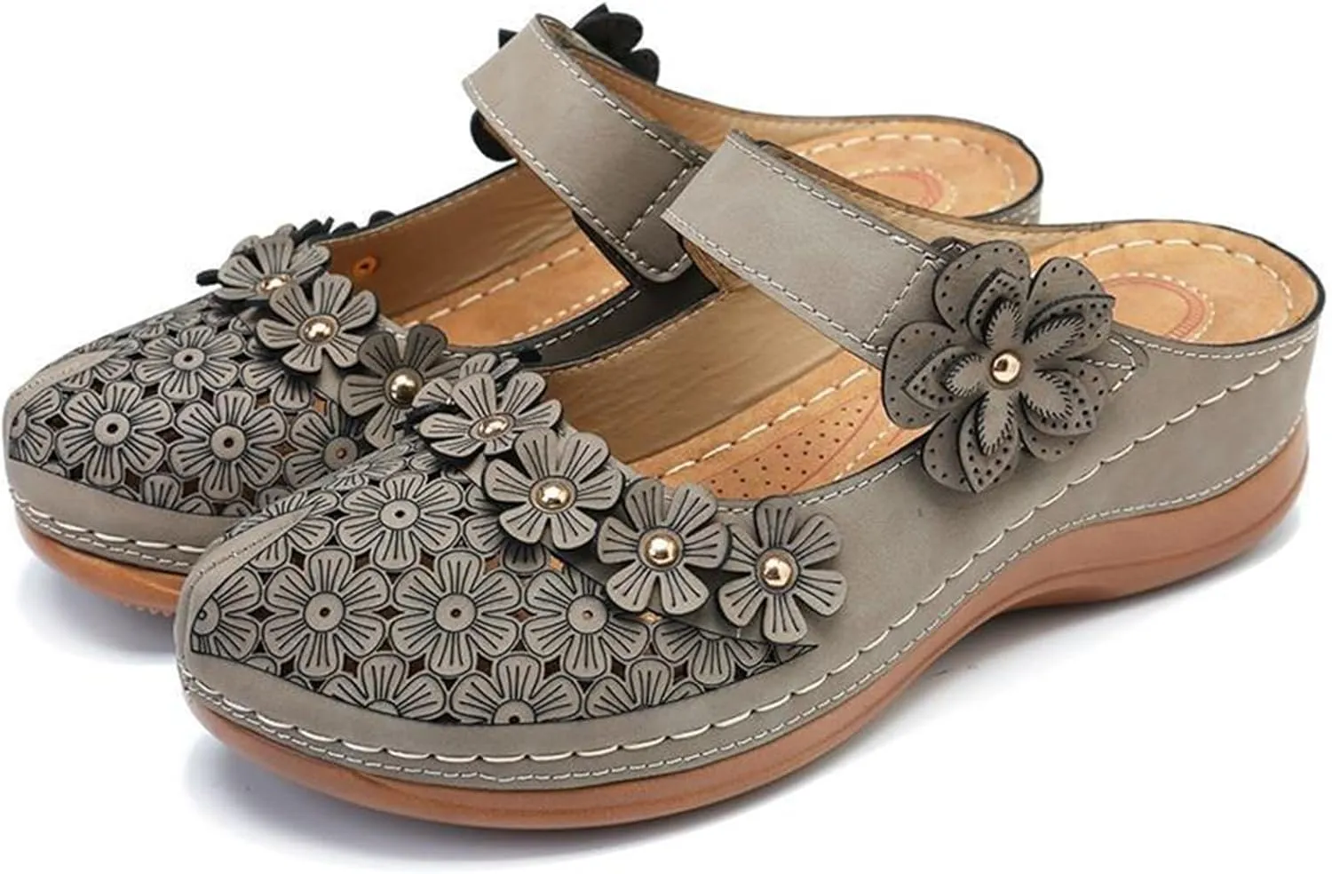 Mules for Women Wedge Sandals Comfortable Dressy Summer Closed Toe Casual Slip On Shoes with Adjustable Hook Loop Heel Sandal Mule Clogs Low Orthopedic Round Head Anti-Slip Soft Bottom Footwear