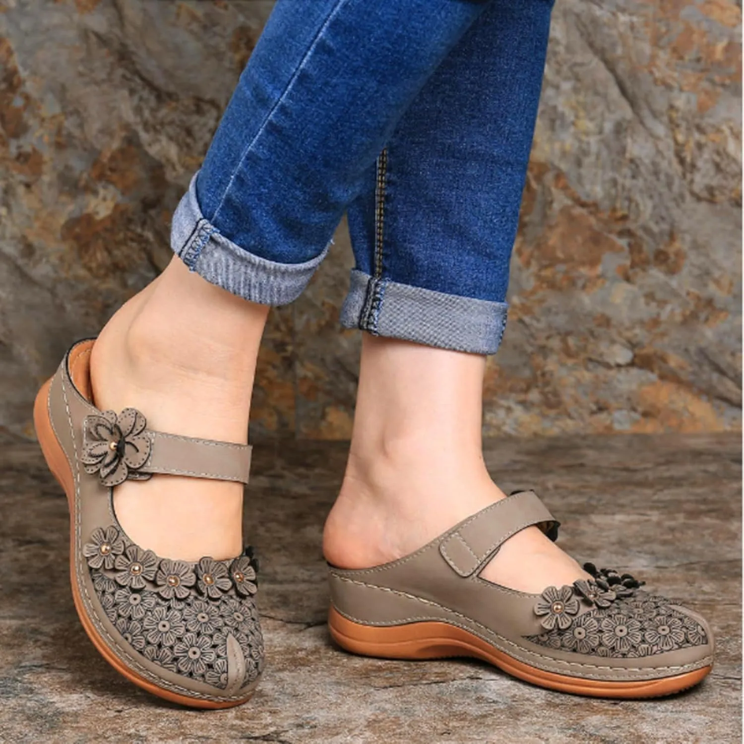 Mules for Women Wedge Sandals Comfortable Dressy Summer Closed Toe Casual Slip On Shoes with Adjustable Hook Loop Heel Sandal Mule Clogs Low Orthopedic Round Head Anti-Slip Soft Bottom Footwear