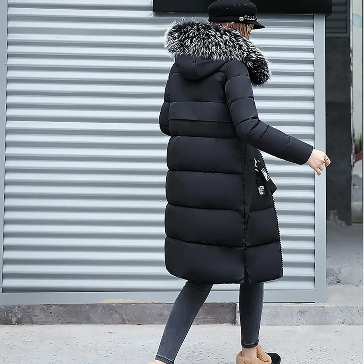 NaRHbrg Women's Vegan Down Hooded Jacket, Maxi Long Puffer Winter Warm Coat, Ladies Zip Water-Resistant Thicken Parka Outwear