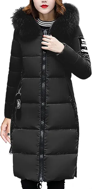 NaRHbrg Women's Vegan Down Hooded Jacket, Maxi Long Puffer Winter Warm Coat, Ladies Zip Water-Resistant Thicken Parka Outwear