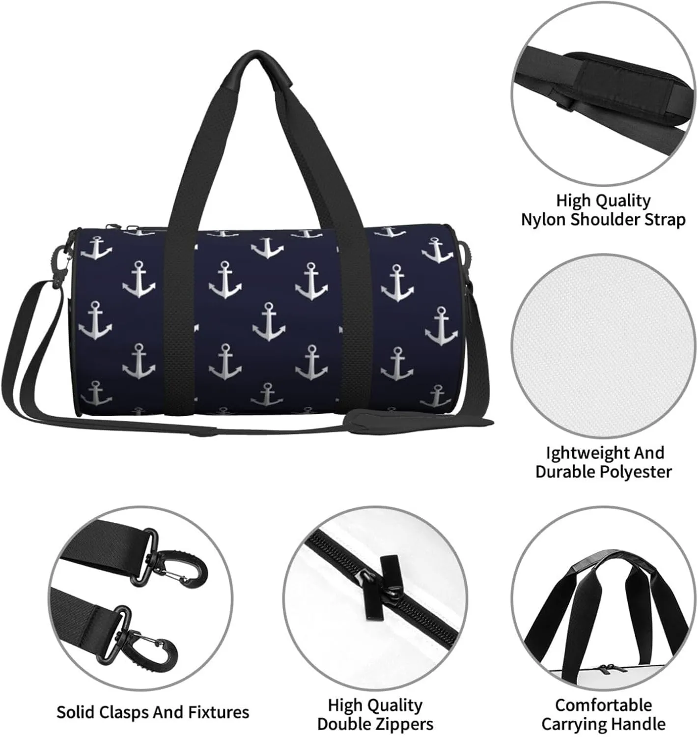 Nautical Anchors Navy Sports Gym Bag Travel Duffel Bag Shoes Compartment For Men Women Foldable Lightweight Yoga Gym Sports Bag