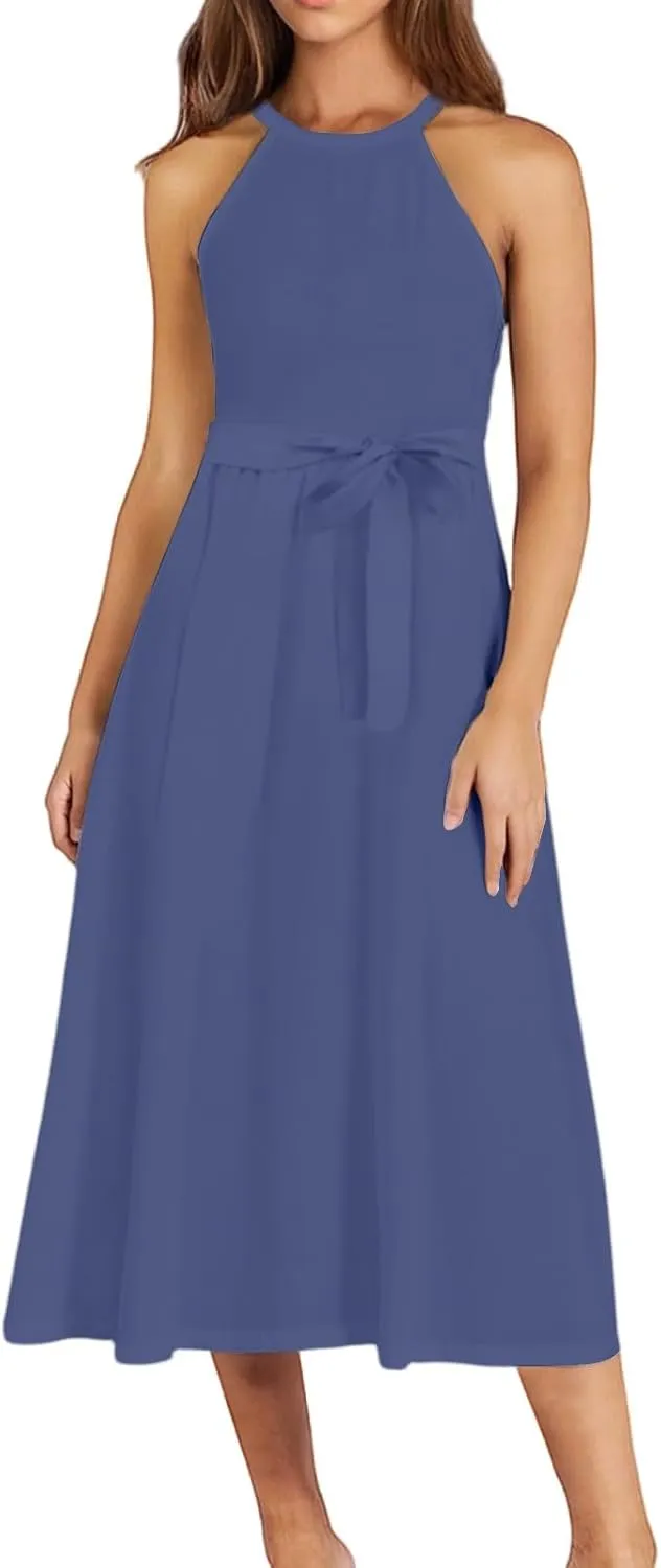 NBXNZWF Womens 2025 Summer Dresses Casual Sleeveless Floral Print Midi Dresses Loose Boho Beach Sundress with Adjustable Belt
