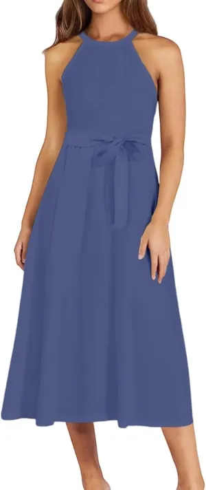 NBXNZWF Womens 2025 Summer Dresses Casual Sleeveless Floral Print Midi Dresses Loose Boho Beach Sundress with Adjustable Belt