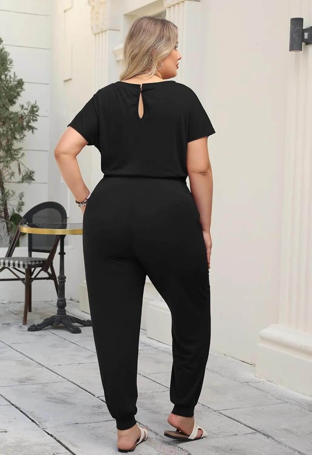 Nemidor Plus Size Casual Jumpsuits for Curvy Women Summer Short Sleeve Drawstring Waist Long Pant Romper with Pocket 16-26