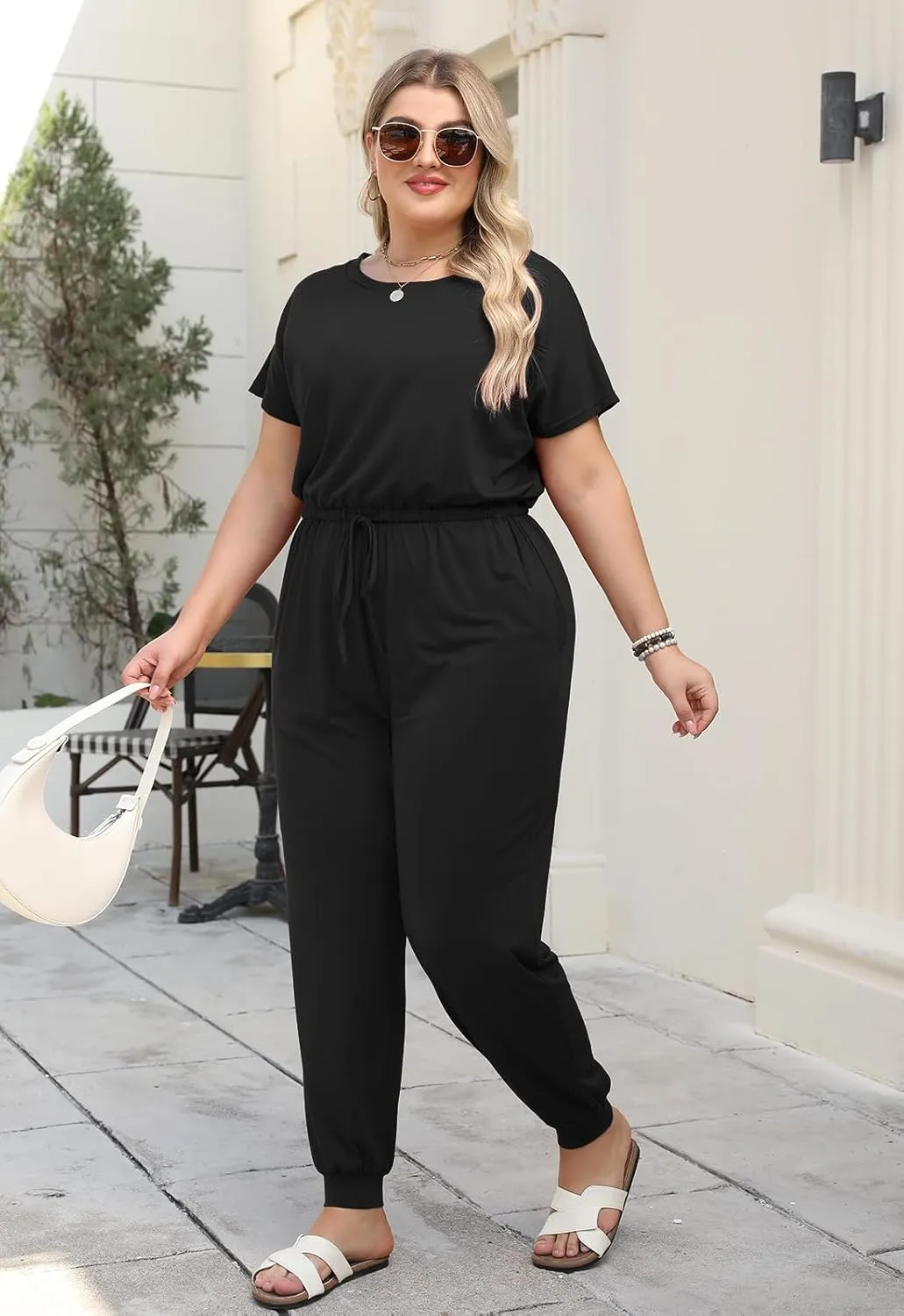 Nemidor Plus Size Casual Jumpsuits for Curvy Women Summer Short Sleeve Drawstring Waist Long Pant Romper with Pocket 16-26