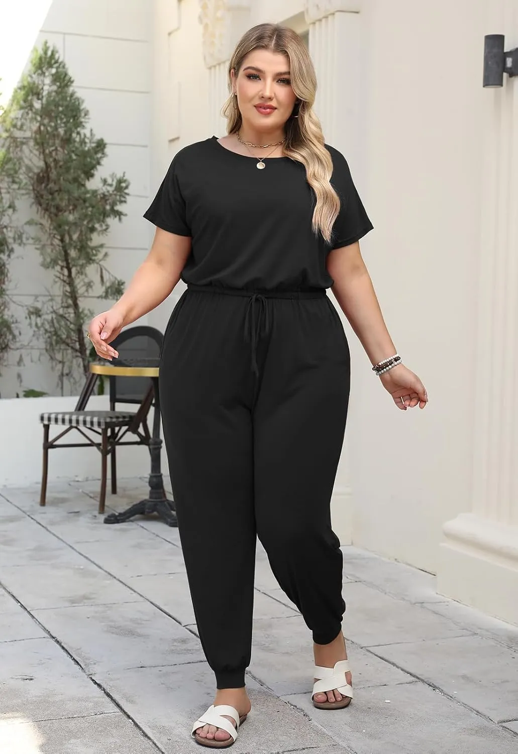 Nemidor Plus Size Casual Jumpsuits for Curvy Women Summer Short Sleeve Drawstring Waist Long Pant Romper with Pocket 16-26
