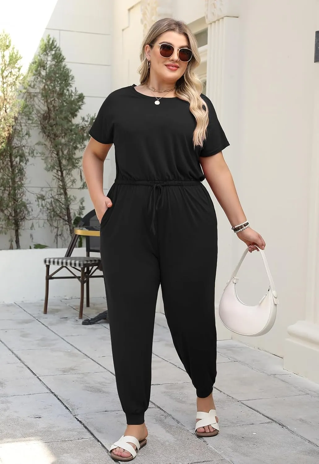 Nemidor Plus Size Casual Jumpsuits for Curvy Women Summer Short Sleeve Drawstring Waist Long Pant Romper with Pocket 16-26