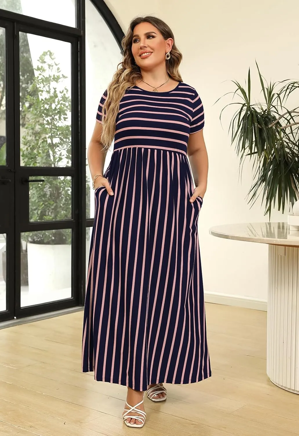 Nemidor Women Short Sleeve Loose Plain Casual Plus Size Long Maxi Dress with Pockets