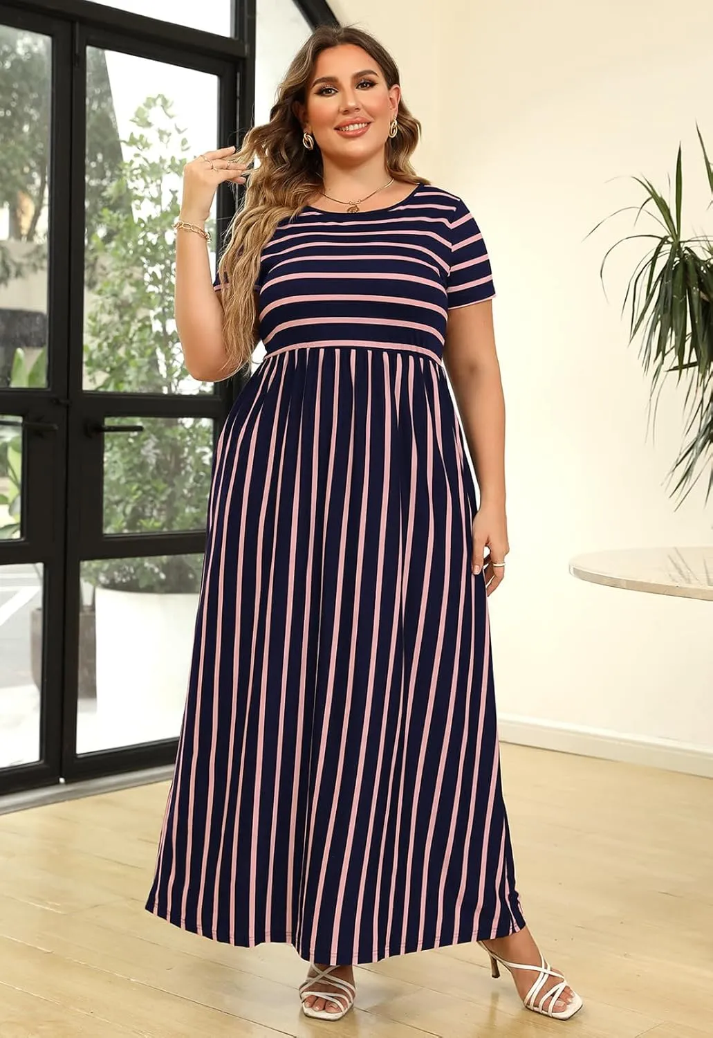 Nemidor Women Short Sleeve Loose Plain Casual Plus Size Long Maxi Dress with Pockets