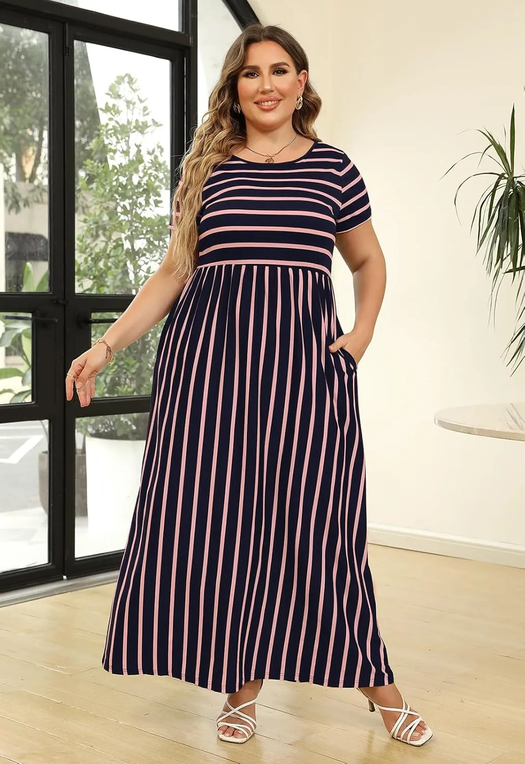 Nemidor Women Short Sleeve Loose Plain Casual Plus Size Long Maxi Dress with Pockets