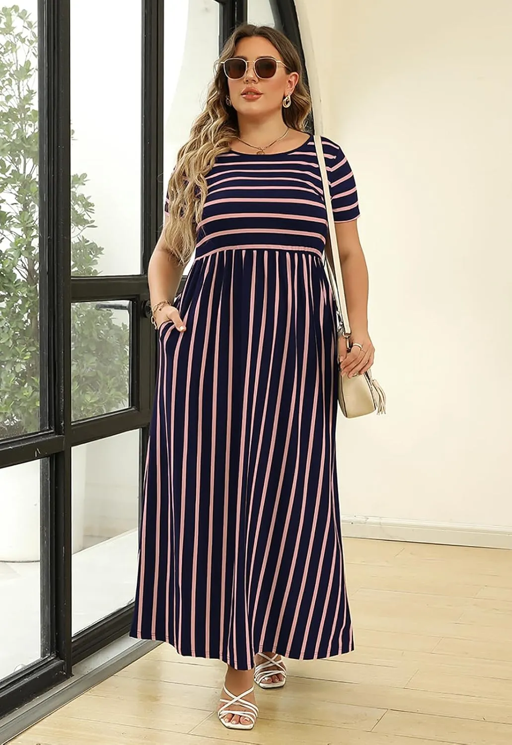 Nemidor Women Short Sleeve Loose Plain Casual Plus Size Long Maxi Dress with Pockets