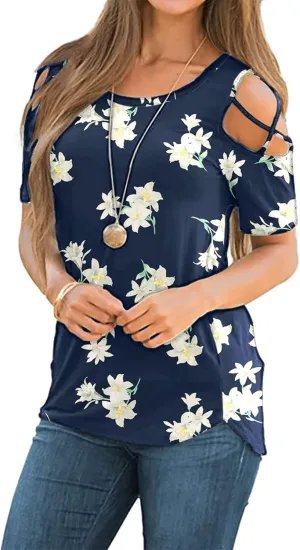 NILOUFO Womens Summer T Shirts Short Sleeve Tunic Strappy Cold Shoulder Tops