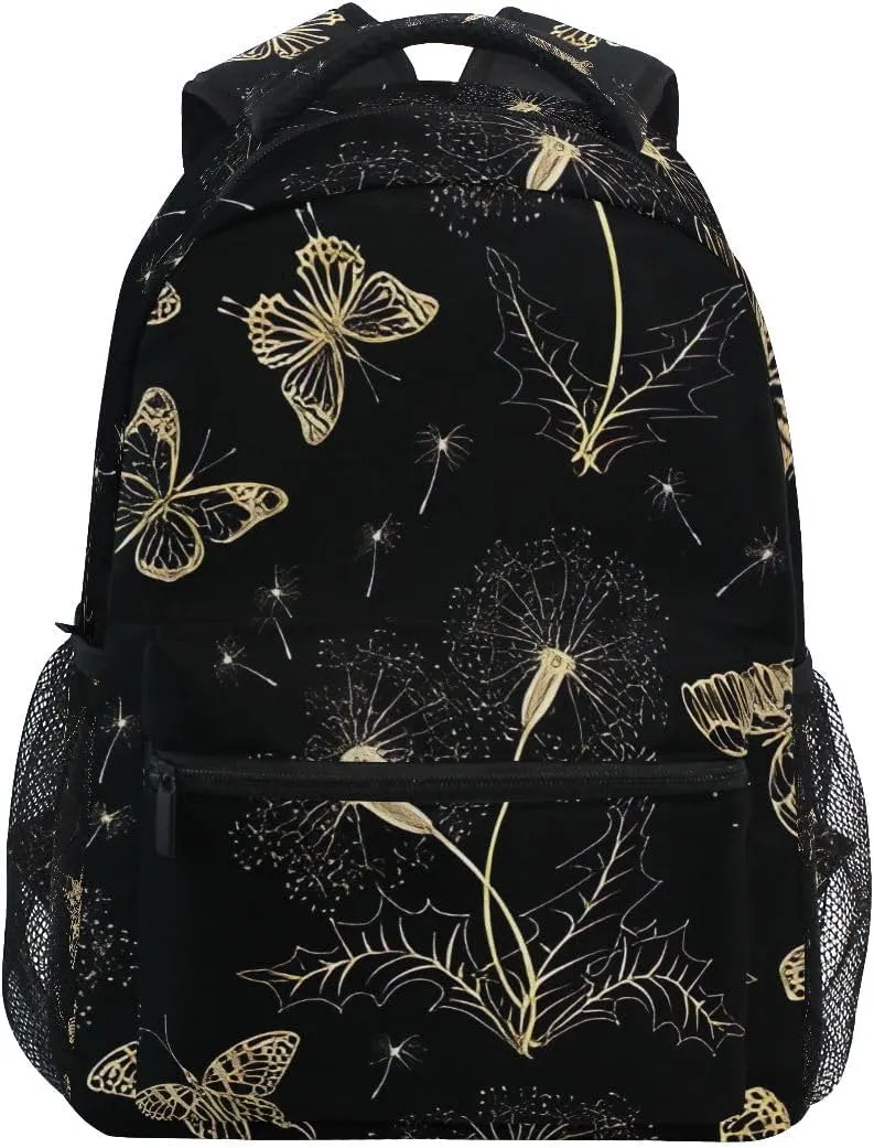 ODAWA Gold Color Butterflies Dandelions Bookbags for School Backpacks for Teens Girls Middle School Travel Laptop Backpack