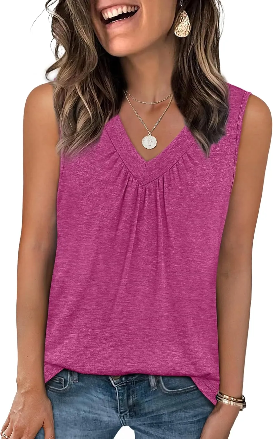 OFEEFAN Tank Top for Women Loose Fit Sleeveless Shirts V Neck Summer Clothes Ruched Women's Tees and Tanks Curved Hem