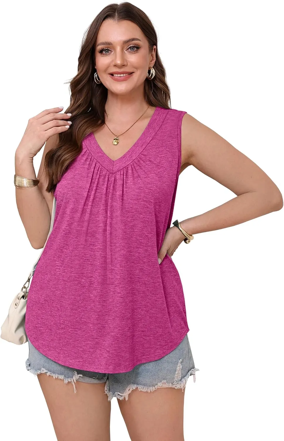 OFEEFAN Tank Top for Women Loose Fit Sleeveless Shirts V Neck Summer Clothes Ruched Women's Tees and Tanks Curved Hem