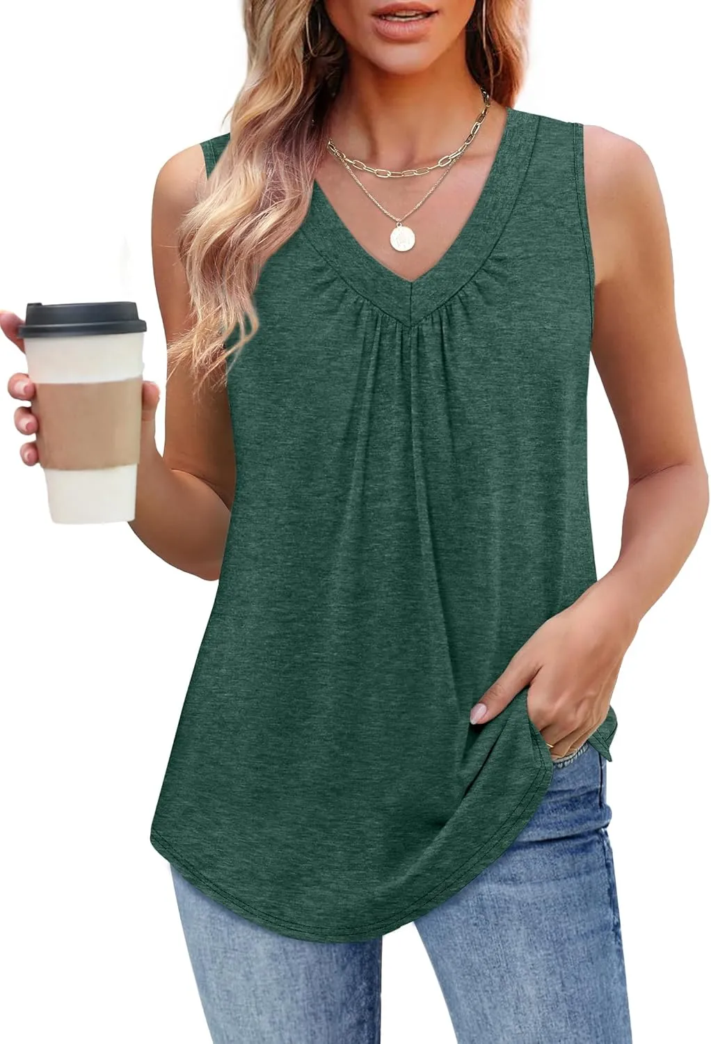 OFEEFAN Tank Top for Women Loose Fit Sleeveless Shirts V Neck Summer Clothes Ruched Women's Tees and Tanks Curved Hem