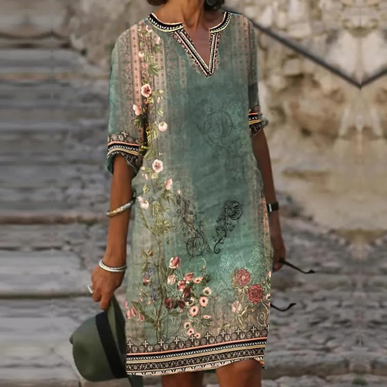 OIOLOYJM Plus Size Summer Dresses for Women 2025 Plus Size Dresses for Curvy Women 3/4 Sleeve Casual Boho Kaftan Dresses