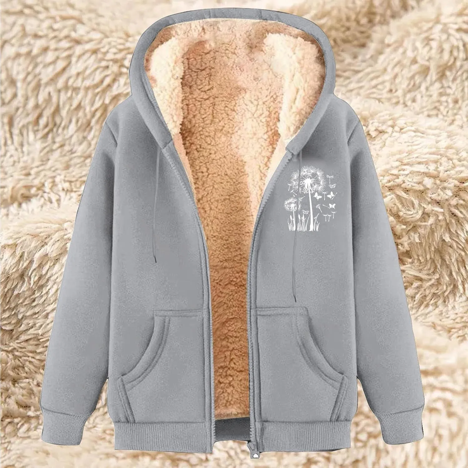 Omen's Casual Full Zip Up Sherpa Lined Hoodie Dandelion Print Oversized Sweatshirt Jackets Loose Pockets Outwear Coat