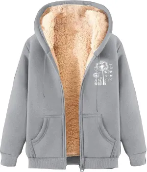 Omen's Casual Full Zip Up Sherpa Lined Hoodie Dandelion Print Oversized Sweatshirt Jackets Loose Pockets Outwear Coat